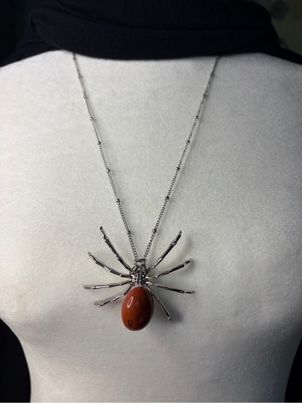Natural Red Jasper Spider Pendant Necklace 27” Silver Tone